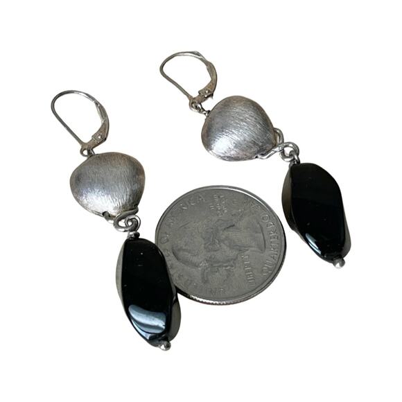 Onyx Earrings, Vintage Sterling Silver Onyx Hook Post Earrings - Picture 2 of 7